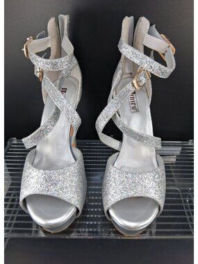 Silver Glitter Strappy High Heel Sandals With Buckles Size 6.5